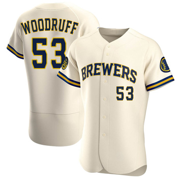 Nike Men's Milwaukee Brewers Brandon Woodruff #53 Cream Cool Base Jersey